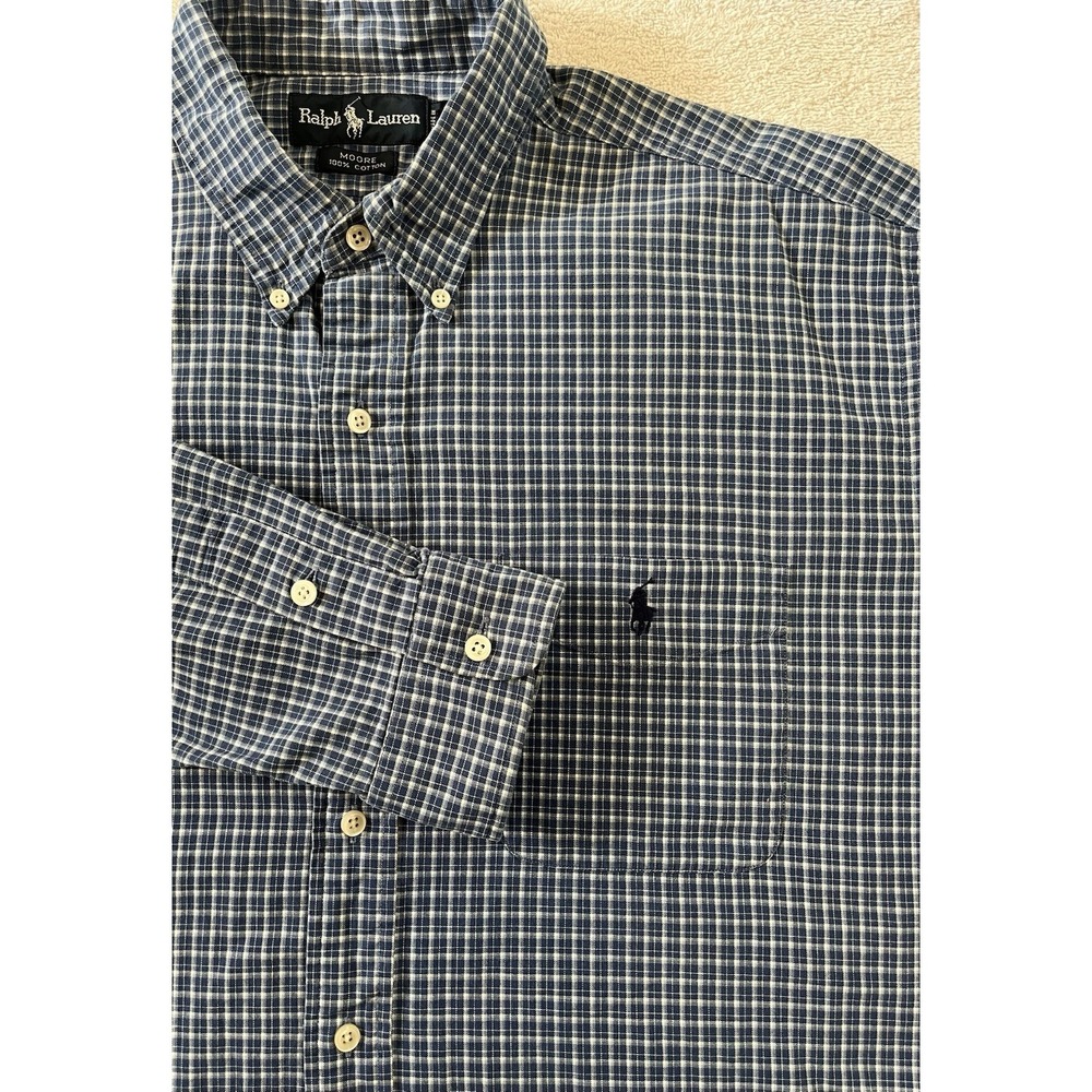 Ralph Lauren Polo Moore Men's L Shirt Blue Plaid Button L/S Pony Oxford‎ Pocket